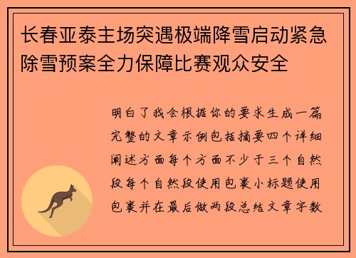 长春亚泰主场突遇极端降雪启动紧急除雪预案全力保障比赛观众安全 长春亚泰主场突遇极端降雪启动紧急除雪预案全力保障比赛观众安全